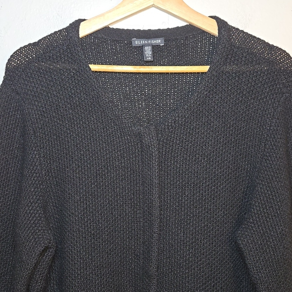 Eileen Fisher Black Yak Wool Leather Trim Textured Jacket Sweater Cardigan NWOT - Picture 4 of 16